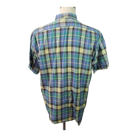 Faconnable Blue Green Yellow Plaid Short Sleeve Shirt Flap Pockets Large - Picture 3 of 4
